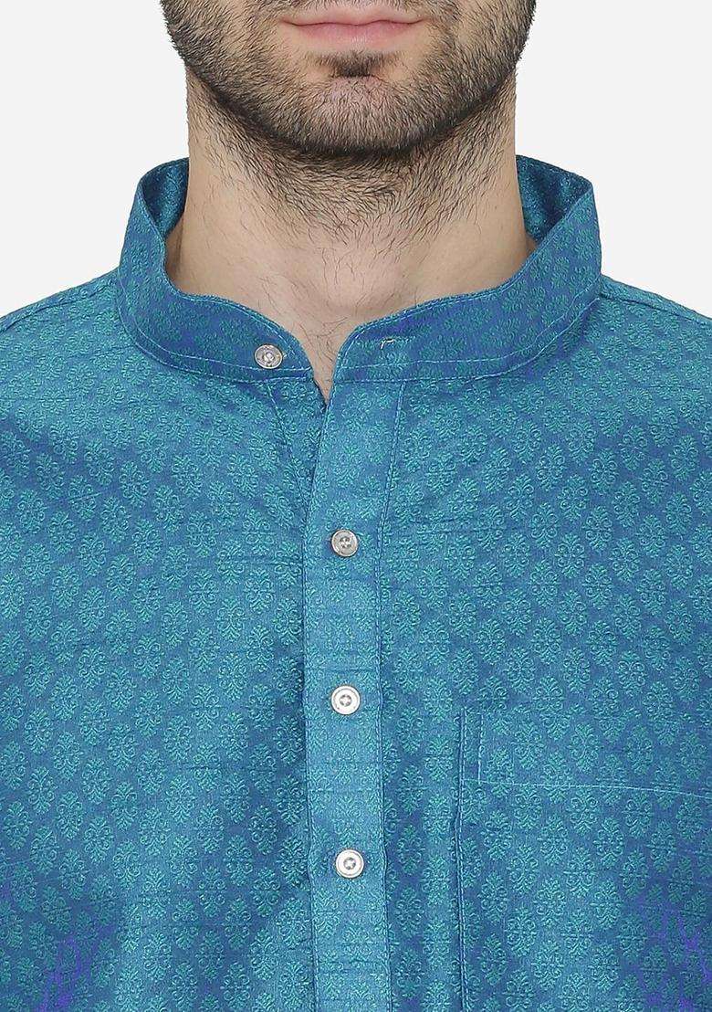 Blue Self Design Silk Blend Kurta Set For Men - Indya