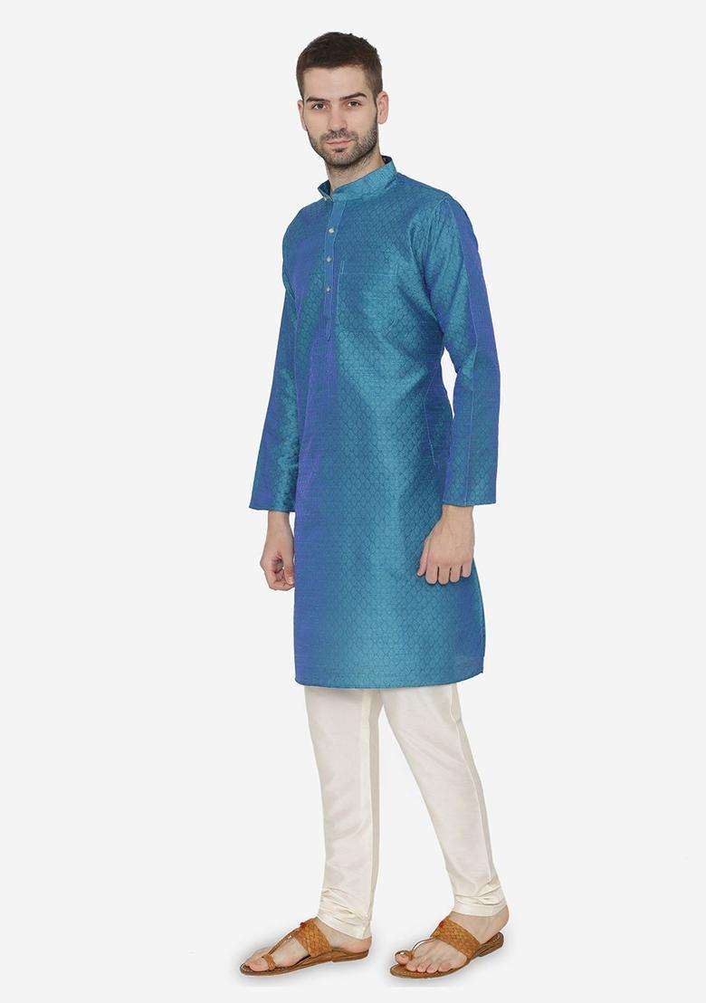 Blue Self Design Silk Blend Kurta Set For Men - Indya