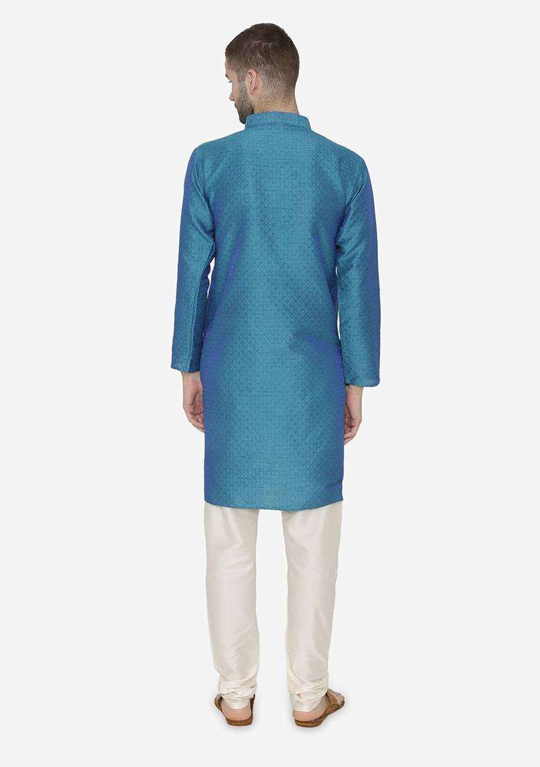 Blue Self Design Silk Blend Kurta Set For Men - Indya