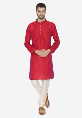 Red Self Design Silk Kurta Set For Men