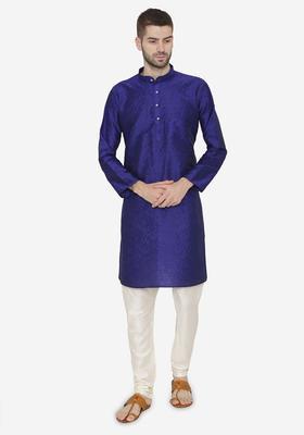 Blue Self Design Silk Kurta Set For Men
