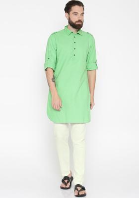 Green Solid Cotton Kurta Set For Men