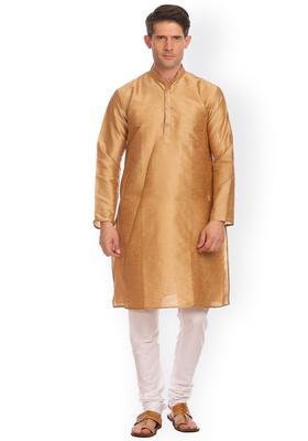 Gold Solid Silk Kurta Set For Men