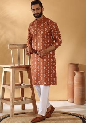 Brown Printed Cotton Kurta Set For Men