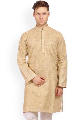 Beige Solid Silk Kurta Set For Men