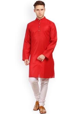 Red Solid Cotton Kurta Set For Men