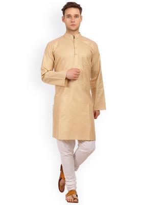 Beige Solid Cotton Kurta Set For Men
