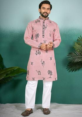 Pink Printed Silk Kurta Set For Men