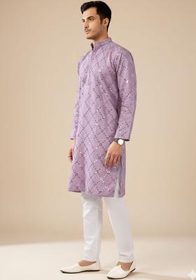 Purple Embroidered Polyester Kurta Set For Men