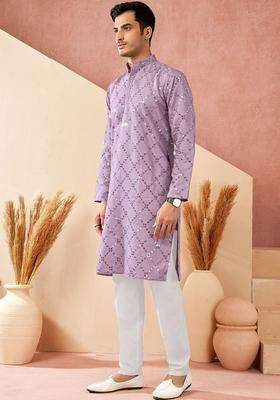 Lavender Embroidered Cotton Kurta Set For Men