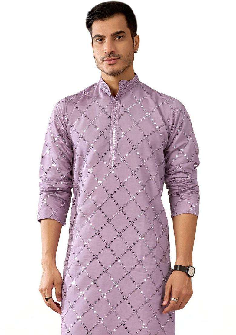 Lavender Embroidered Cotton Kurta Set For Men - Indya