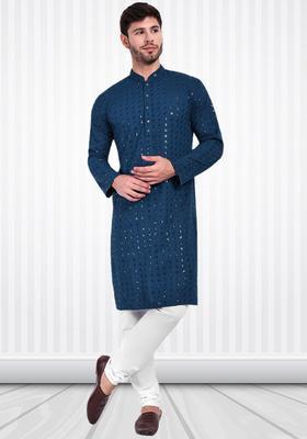 Blue Embroidered Cotton Kurta Set For Men