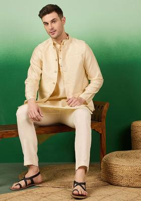 Beige Woven Design Silk Kurta Set For Men