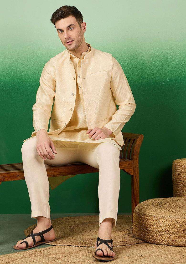 Beige Woven Design Silk Blend Kurta Set For Men - Indya