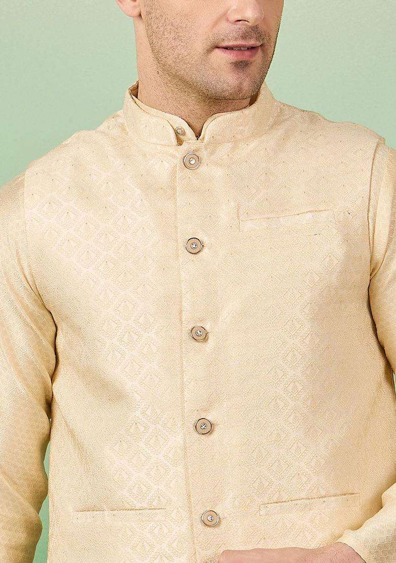 Beige Woven Design Silk Blend Kurta Set For Men - Indya
