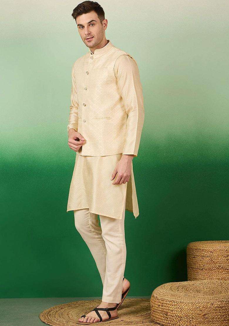 Beige Woven Design Silk Blend Kurta Set For Men - Indya