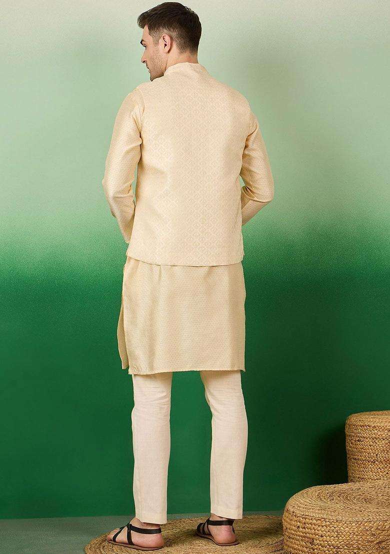 Beige Woven Design Silk Blend Kurta Set For Men - Indya