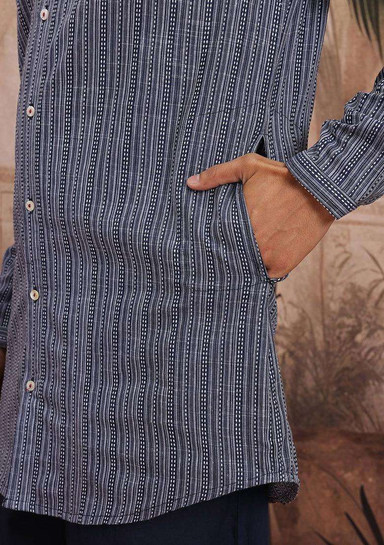 Navy Blue Woven Design Cotton Kurta Set For Men - Indya