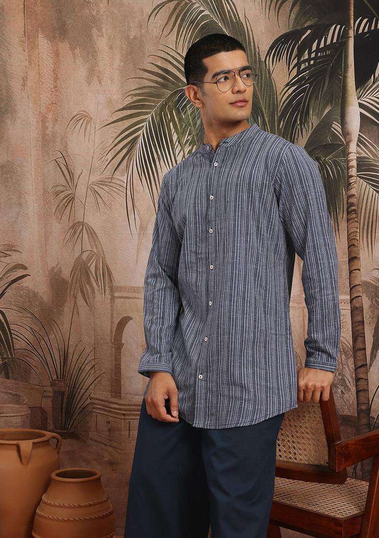 Navy Blue Woven Design Cotton Kurta Set For Men - Indya