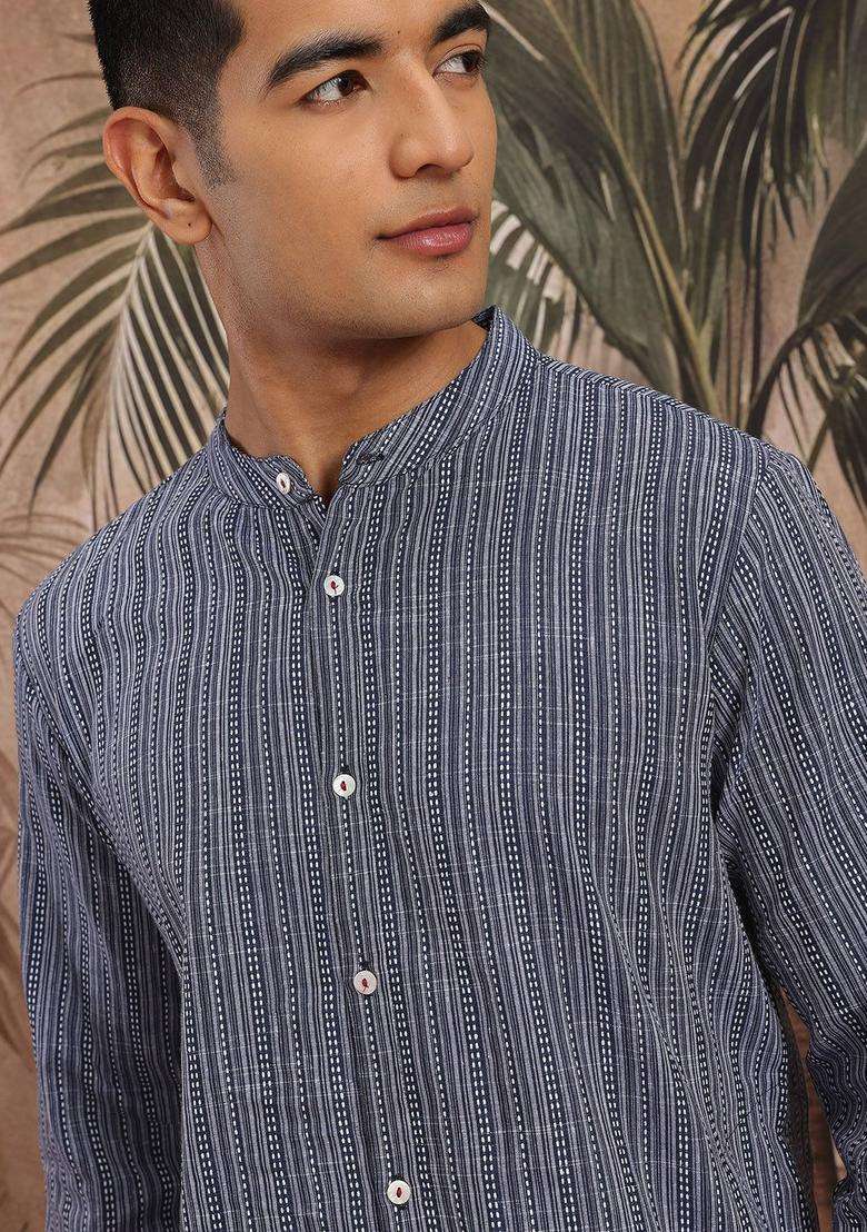 Navy Blue Woven Design Cotton Kurta Set For Men - Indya