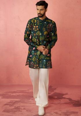 Green Printed Silk Kurta Set For Men