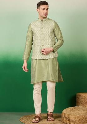 Green Woven Design Silk Kurta Set For Men