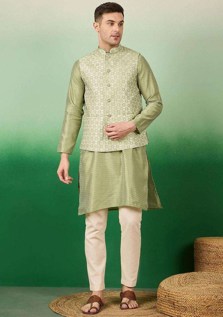 Green Woven Design Silk Blend Kurta Set For Men - Indya