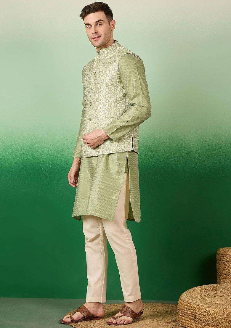 Green Woven Design Silk Blend Kurta Set For Men - Indya