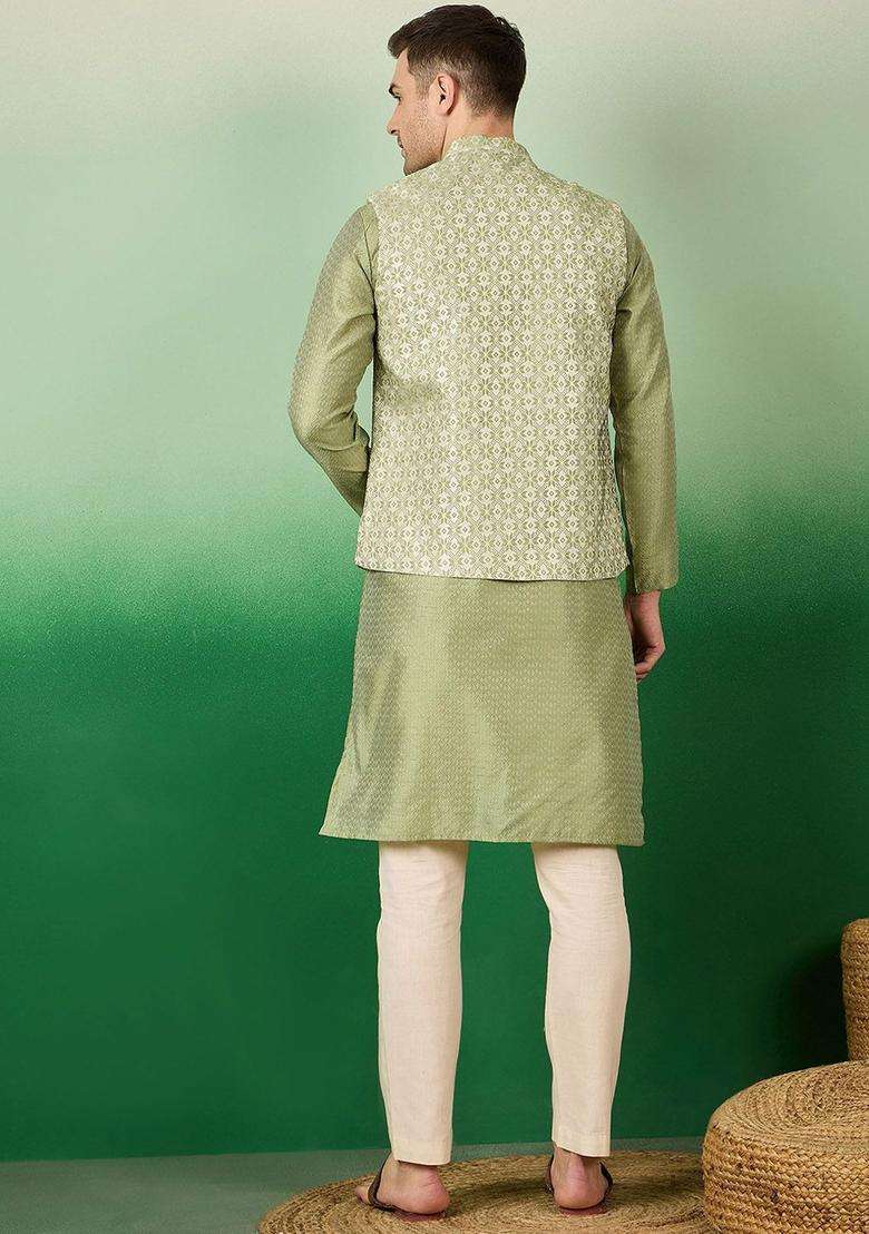 Green Woven Design Silk Blend Kurta Set For Men - Indya
