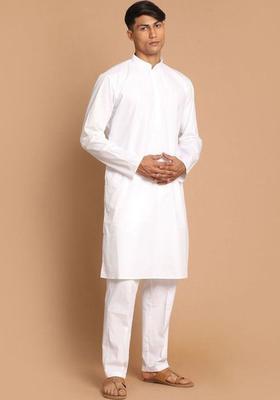 White Solid Cotton Kurta Set For Men
