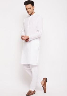 White Solid Cotton Kurta Set For Men