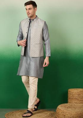 Grey Woven Design Silk Kurta Set For Men