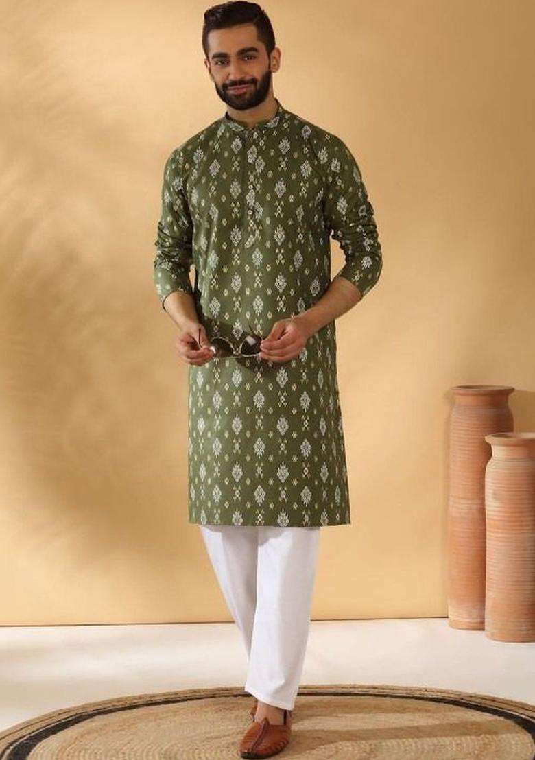 Olive Printed Cotton Kurta Set For Men - Indya