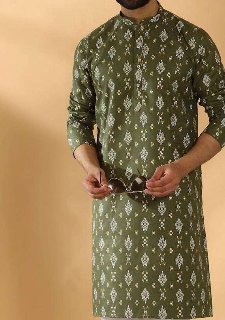 Olive Printed Cotton Kurta Set For Men - Indya
