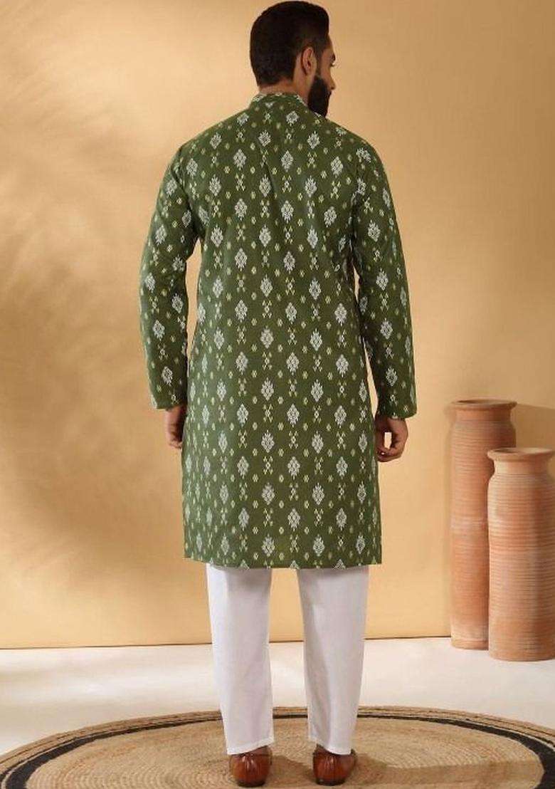 Olive Printed Cotton Kurta Set For Men - Indya