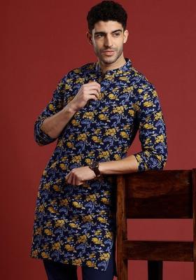 Navy Blue Printed Cotton Kurta Set For Men