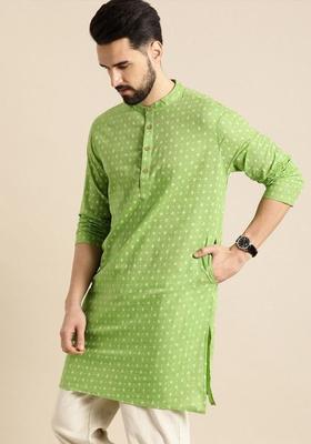 Lime Green Printed Cotton Kurta Set For Men