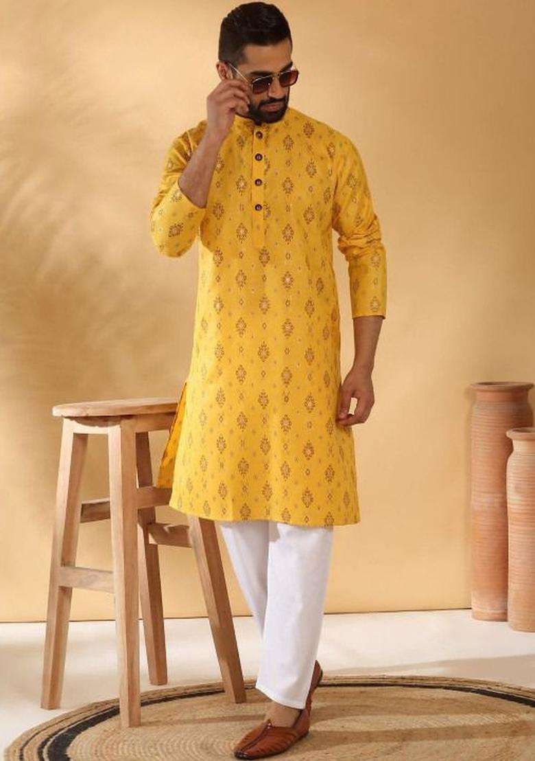 Yellow Printed Cotton Kurta Set For Men - Indya