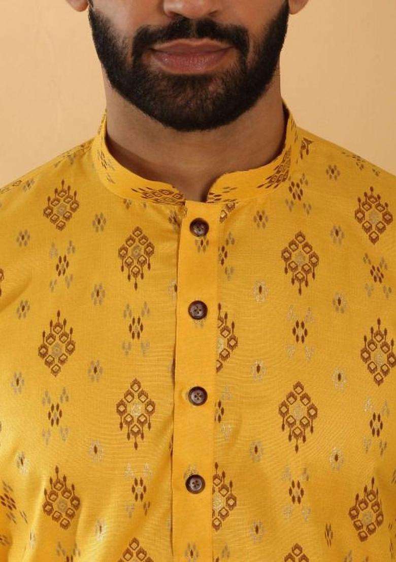Yellow Printed Cotton Kurta Set For Men - Indya