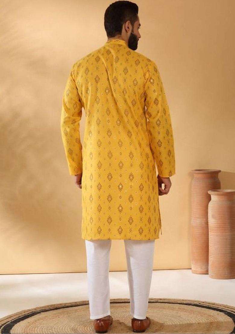 Yellow Printed Cotton Kurta Set For Men - Indya