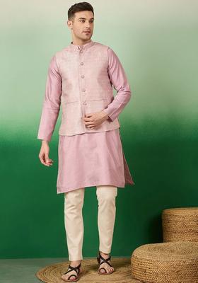 Pink Woven Design Silk Kurta Set For Men