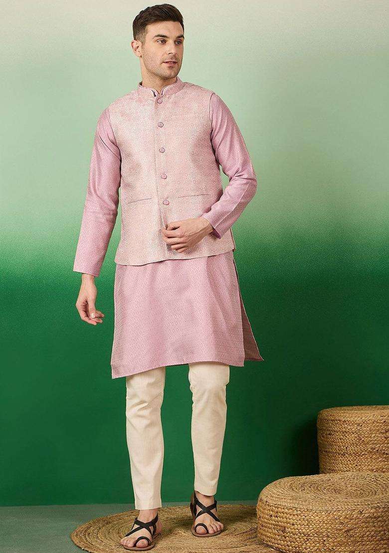 Pink Woven Design Silk Blend Kurta Set For Men - Indya
