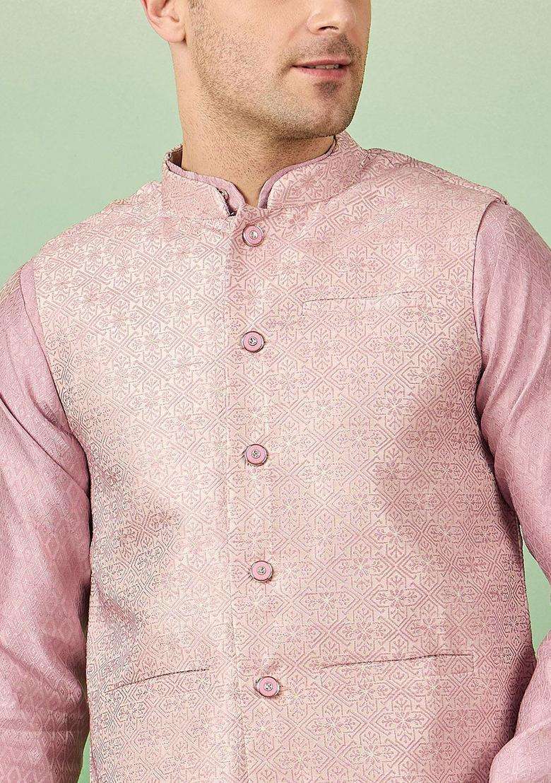 Pink Woven Design Silk Blend Kurta Set For Men - Indya