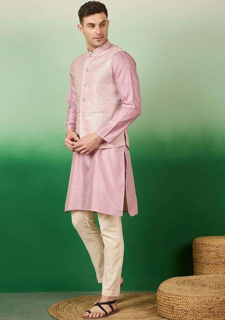 Pink Woven Design Silk Blend Kurta Set For Men - Indya