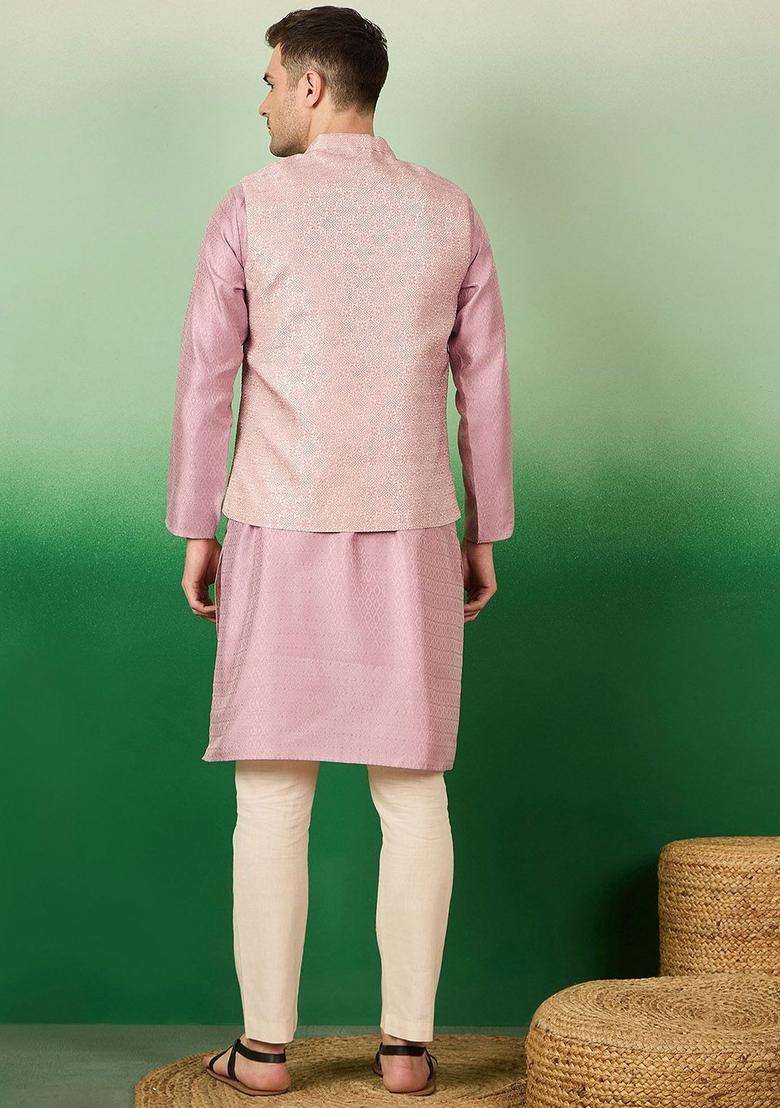 Pink Woven Design Silk Blend Kurta Set For Men - Indya
