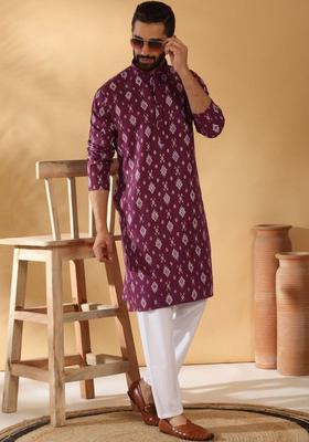 Purple Printed Cotton Kurta Set For Men