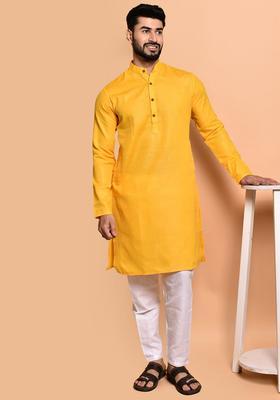 Yellow Solid Cotton Kurta Set For Men