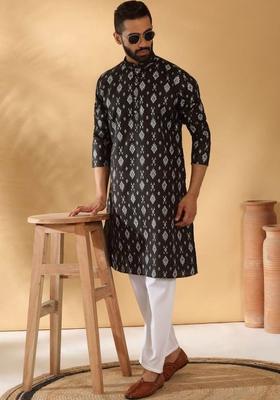 Black Printed Cotton Kurta Set For Men