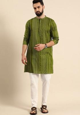 Olive Printed Cotton Kurta Set For Men