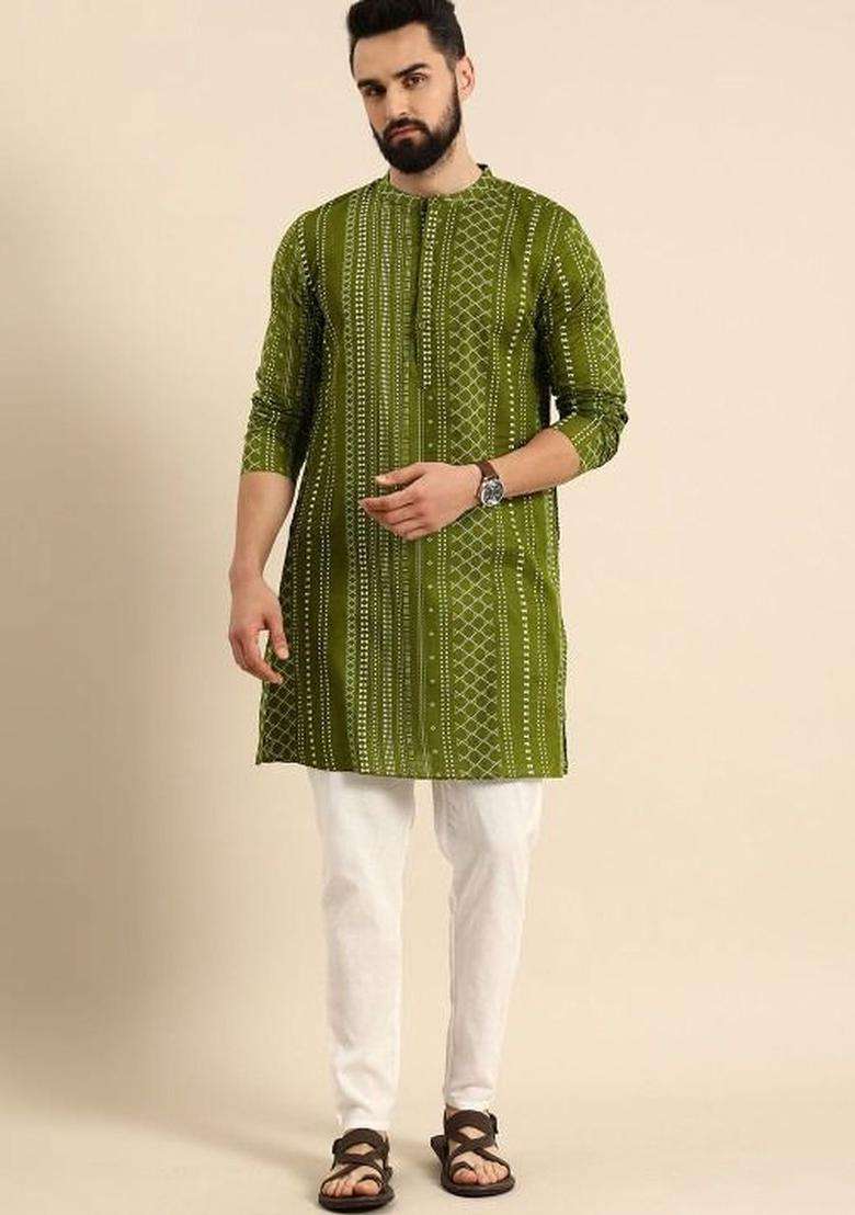 Olive Printed Cotton Kurta Set For Men - Indya